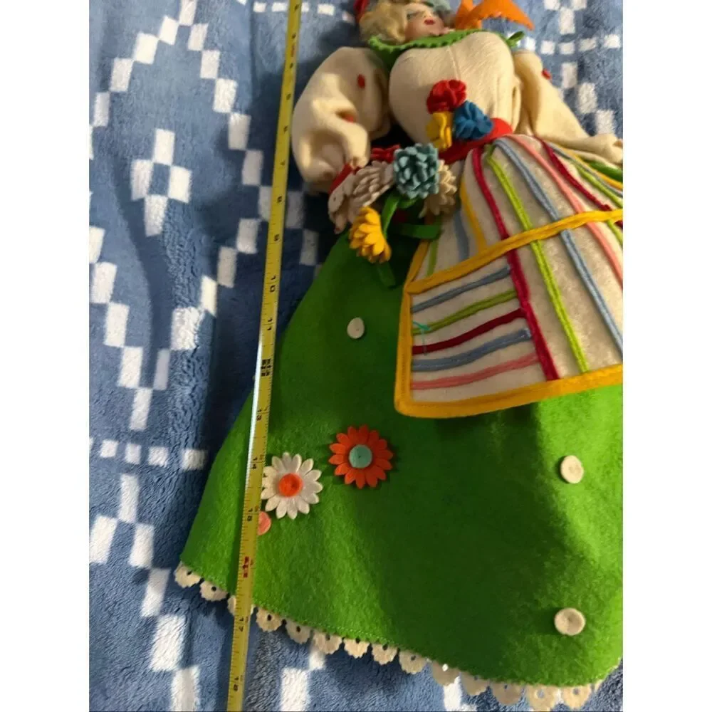 Vintage Lucianda Argentina Folk Art Doll Floral Felt Dress Handmade Souvenir